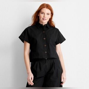 Women's Future Collective Cap Sleeve V-Neck Button-Down Shirt Black XS